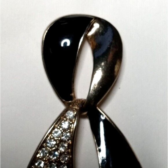 VINTAGE 1980s Gold Tone Black Enamel Dangle Drop Earrings Pierced Rhinestones - Picture 3 of 9